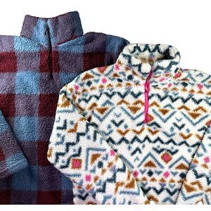 Lot of 2 Eddie Bauer Jacket Womens Med Sherpa 1/4 Zip Cozy Geometric Cottagecore